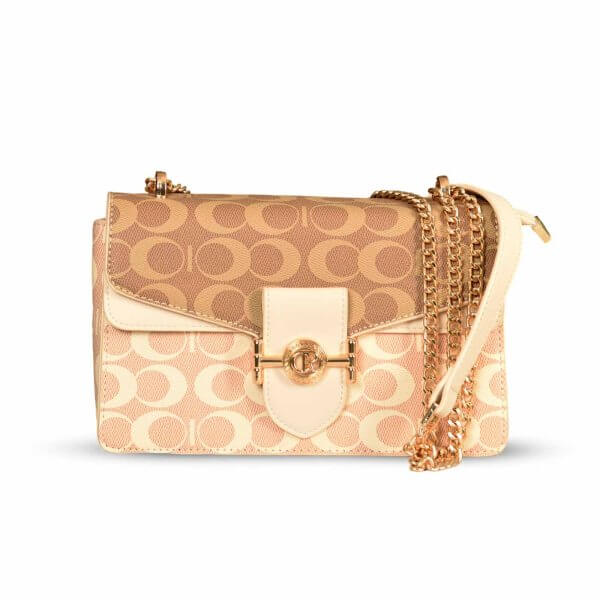 Elegant Monogram Beige Crossbody Bag with Gold Chain Strap