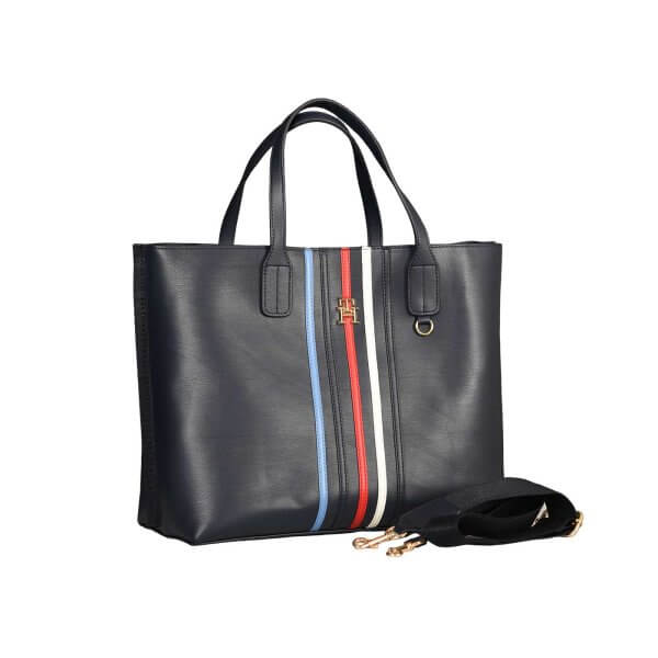 Tommy Hilfiger Navy Blue Leather Tote Bag with Signature Tricolor Stripes