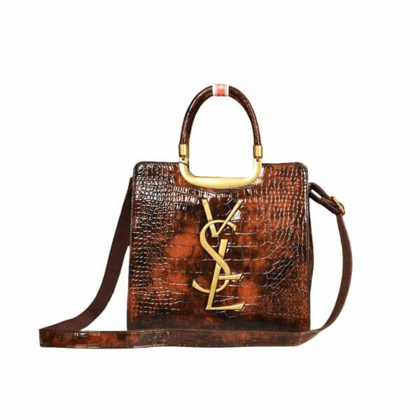 Luxury YSL Crocodile-Patterned Leather Handbag with Gold-Tone Hardware – Khaki Brown