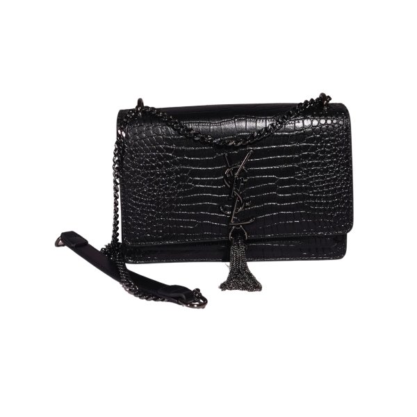 Fang Mao Kum Croco-Textured Black Luxury Shoulder Bag with Chain Tassel