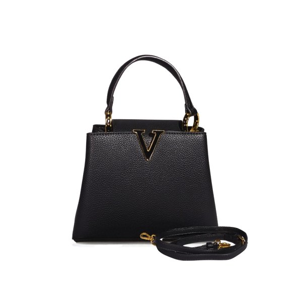 Fang Mao Kum V-Emblem Structured Handbag – Black with Gold Hardware