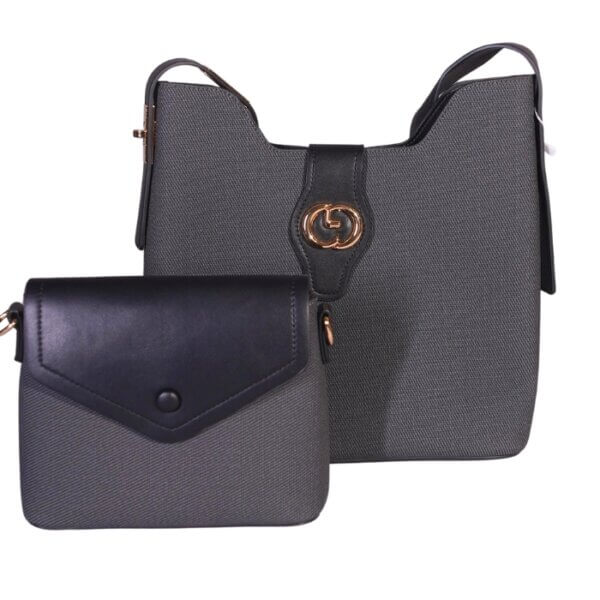Classic Grey Textured Shoulder Bag with Black Trim and Gold Accent