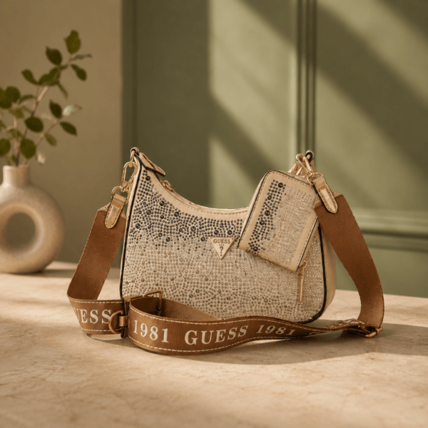 Gold Crystal-Studded Shoulder Bag with Mini Pouch – White